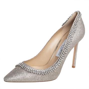 Pre Owned Jimmy Choo Silver Coarse Glitter Romy Crystal Embellished Pumps Size 39