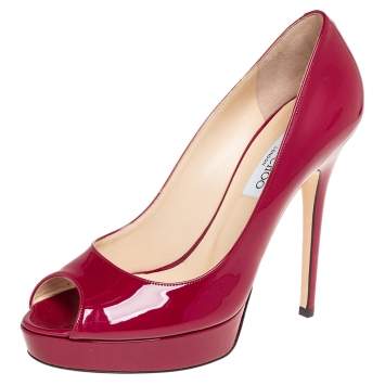 Pre Owned Jimmy Choo Red Patent Leather Crown Peep Toe Pumps Size 40