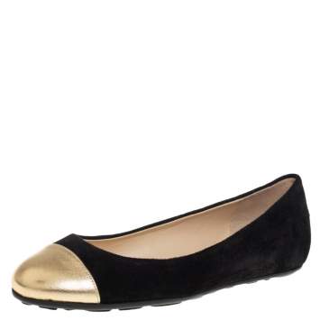 Pre Owned Jimmy Choo Black/Gold Suede And Leather Waine Embellished Cap Toe Ballet Flats Size 37.5