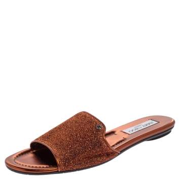 Pre Owned Jimmy Choo Metallic Copper Coarse Glitter Nanda Flat Slides Size 39