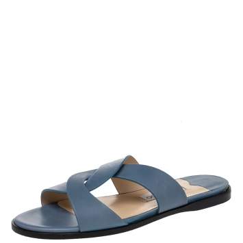 Pre Owned Jimmy Choo Blue Leather Atia Crossover Strap Flat Slides Size 40