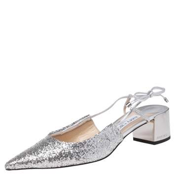 Pre Owned Jimmy Choo Silver Glitter and Leather Gemista Slingback Sandals Size 38.5