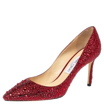 Pre Owned Jimmy Choo Red Crystal Embellished Romy Pumps Size 40