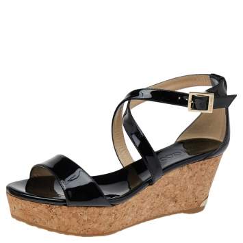 Pre Owned Jimmy Choo Black Patent Leather Portia Cork Wedge Crisscross Strap Sandals Size 38