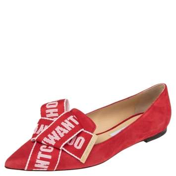 مملوكة مسبقًا Jimmy Choo Red Suede Logo Bow Gleam Pointed Toe Ballet Flats Size 39