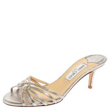 Pre Owned Jimmy Choo Metallic Silver Crinkled Leather Gillian Slide Sandals Size 37.5