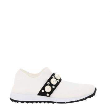 Pre Owned Jimmy Choo White/Black Pearls And Studs embellished Verona Sneakers Size IT 36