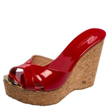 Pre Owned Jimmy Choo Red Patent Leather Prima Cork Wedge Slides Size 37
