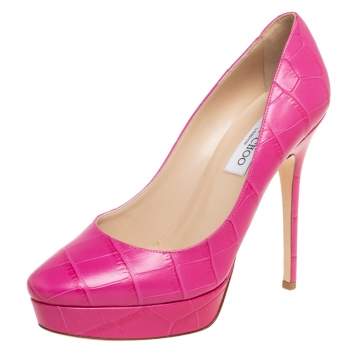 Pre Owned Jimmy Choo Pink Croc-Embossed Leather Cosmic Pumps Size 39
