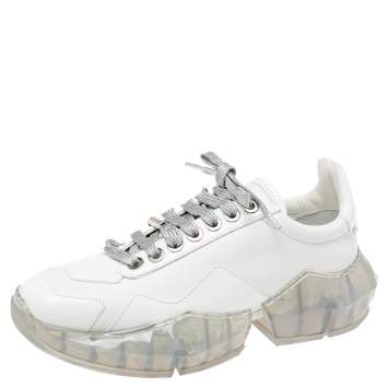 Pre Owned Jimmy Choo White Patent and Leather Diamond Low-Top Sneakers Size 38