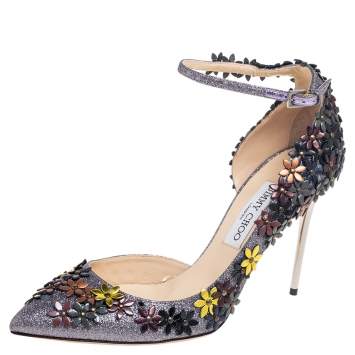 Pre Owned Jimmy Choo Multicolor Glitter And Leather Floral Embellished Lorelai Ankle Strap Pumps Size 40.5