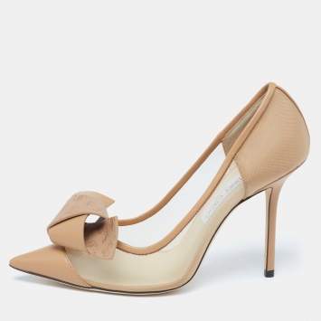 Pre Owned Jimmy Choo Caramel Mesh and Leather JC Monogram Bow Lani Pumps Size 39.5