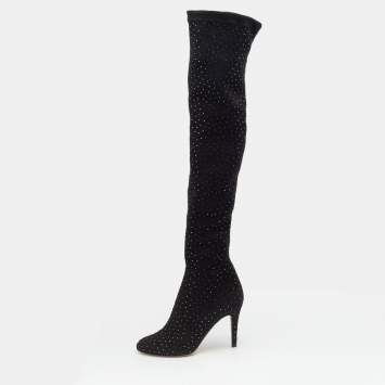 Pre Owned Jimmy Choo Black Stretch Fabric Crystal Embellished Thigh High Boots Size 36.5