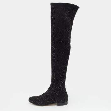 Pre Owned Jimmy Choo Black Stretch Fabric Myren Crystal Embellished Thigh High Boots Size 37.5