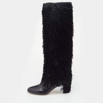Pre Owned Jimmy Choo Black Leather Magalie Fringes Block Heel Knee Length Boots Size 40