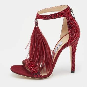 Pre Owned Jimmy Choo Red Suede Viola Crystal Embellished Ankle Cuff Sandals Size 36.5
