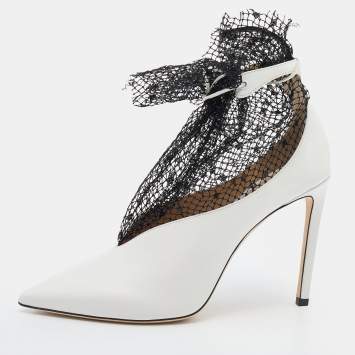 Pre Owned Jimmy Choo White/Black Leather And Polka Dot Mesh Leanne Ankle Booties Size 40