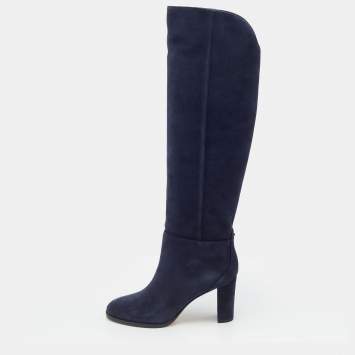 Pre Owned Jimmy Choo Navy Blue Suede Madalie Knee Length Boots Size 35