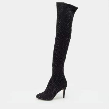 Pre Owned Jimmy Choo Black Stretch Fabric Toni Crystal Embellished Thigh High Boots Size 36.5