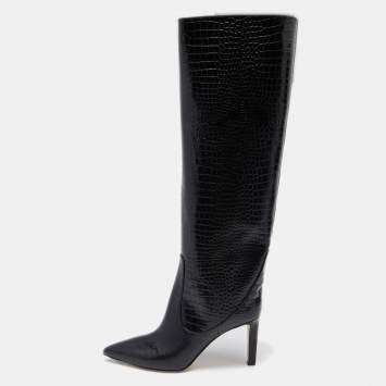 Pre Owned Jimmy Choo Black Croc Embossed Leather Mavis Knee Length Boots Size 40