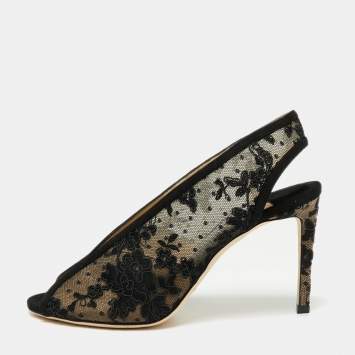 Pre Owned Jimmy Choo Black Lace and Leather Shar Slingback Sandals Size 39