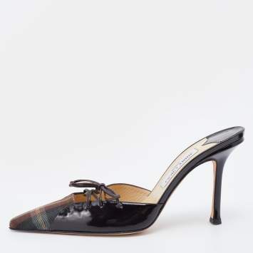 Pre Owned Jimmy Choo Brown Check Fabric and Patent Leather Bow Mules Size 41