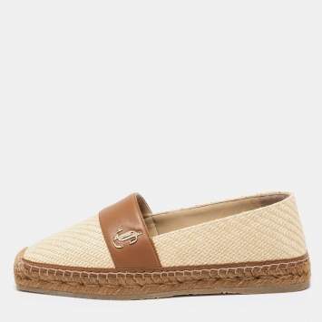 Pre Owned Jimmy Choo Beige/Brown Raffia And Leather Espadrille Flats Size 37