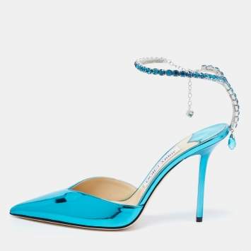 Pre Owned Jimmy Choo Metallic Blue Leather Saeda Crystal Embellished Ankle Chain Pumps Size 37.5
