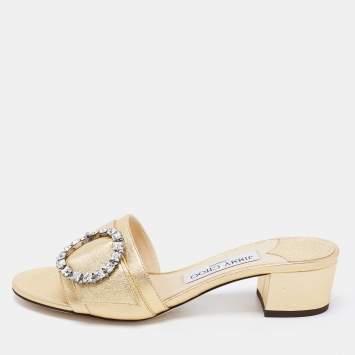 Pre Owned Jimmy Choo Gold Leather Crystal Embellished Slide Sandals Size 37