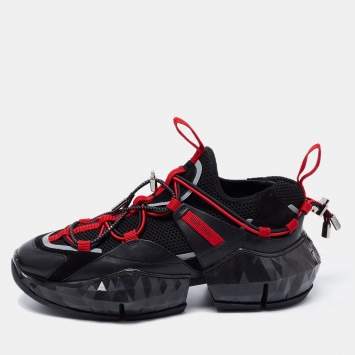 Pre Owned Jimmy Choo Red/Black Fabric and Leather Diamond Trail Sneakers Size 39