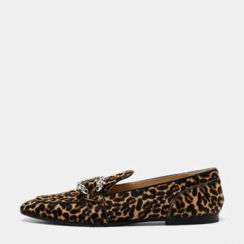 Pre Owned Jimmy Choo Brown/Black Calf Hair Mani Buckle Loafers Size 40