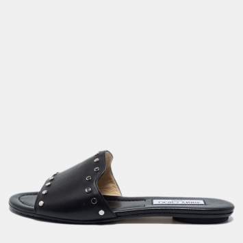Pre Owned Jimmy Choo Black Leather Studded Nanda Flat Slides Size 39