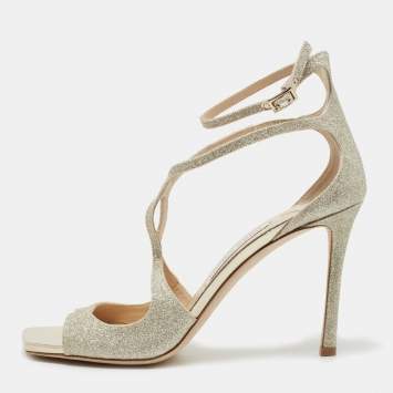 Pre Owned Jimmy Choo Metallic Silver Glitter and Leather Sandals Size 40