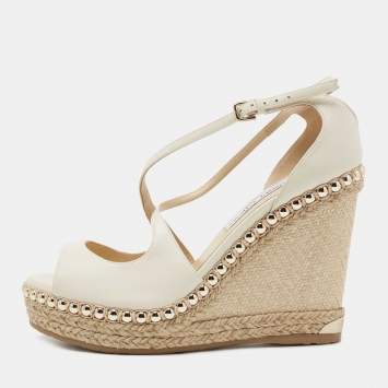 Pre Owned Jimmy Choo Cream Leather Dakota Wedge Sandals Size 39