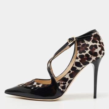 Pre Owned Jimmy Choo Black/Beige Patent and Calf hair Pointed Toe Pumps Size 37.5