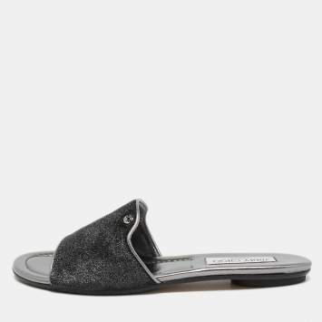 Pre Owned Jimmy Choo Silver Glitter Velvet and Leather  Nanda Slides Size 39