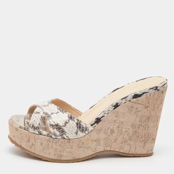 Pre Owned Jimmy Choo Black/White Watersnake Perfume Cork Sandals Size 36
