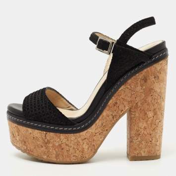 Pre Owned Jimmy Choo Black Textured Suede Naylor Cork Platform Sandals Size 35