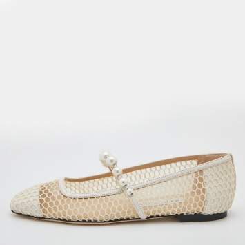 Pre Owned Jimmy Choo White Mesh and Leather Pearl Embellished Ballet Flats Size 36.5
