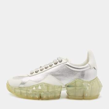 Pre Owned Jimmy Choo Silver/White Leather Diamond Sneakers Size 37