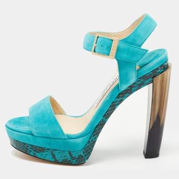 Pre Owned Jimmy Choo Turquoise Blue Suede and Python Leather Dora Platform Ankle Strap Sandals Size 36