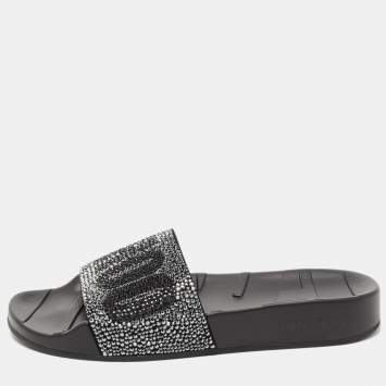 Pre Owned Jimmy Choo Black Crystal Embellished Suede Rey Slides Size 35