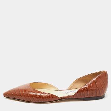 Pre Owned Jimmy Choo Brown Croc Embossed Leather D'orsay Ballet Flats Size 37.5
