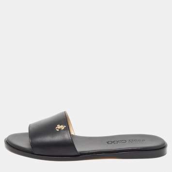 Pre Owned Jimmy Choo Black Leather Minea Flat Slides Size 35.5