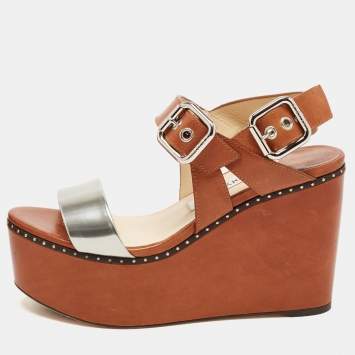 Pre Owned Jimmy Choo Brown/Silver Leather Studded Alton Sandals Size 39