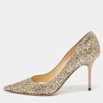 Pre Owned Jimmy Choo Gold Coarse Glitter Romy Pointed Toe Pumps Size 37