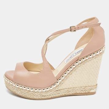 Pre Owned Jimmy Choo Beige Leather Studded Wedge Espadrille Ankle Strap Sandals Size 40