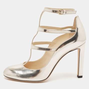 Pre Owned Jimmy Choo Gold Leather Doll Caged Pumps Size 38