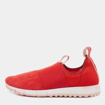Pre Owned Jimmy Choo Red Suede and Mesh Oakland Sneakers Size 38.5