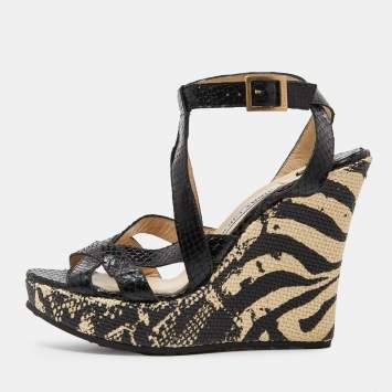 Pre Owned Jimmy Choo Black Snakeskin Platform Wedge Sandals Size 38